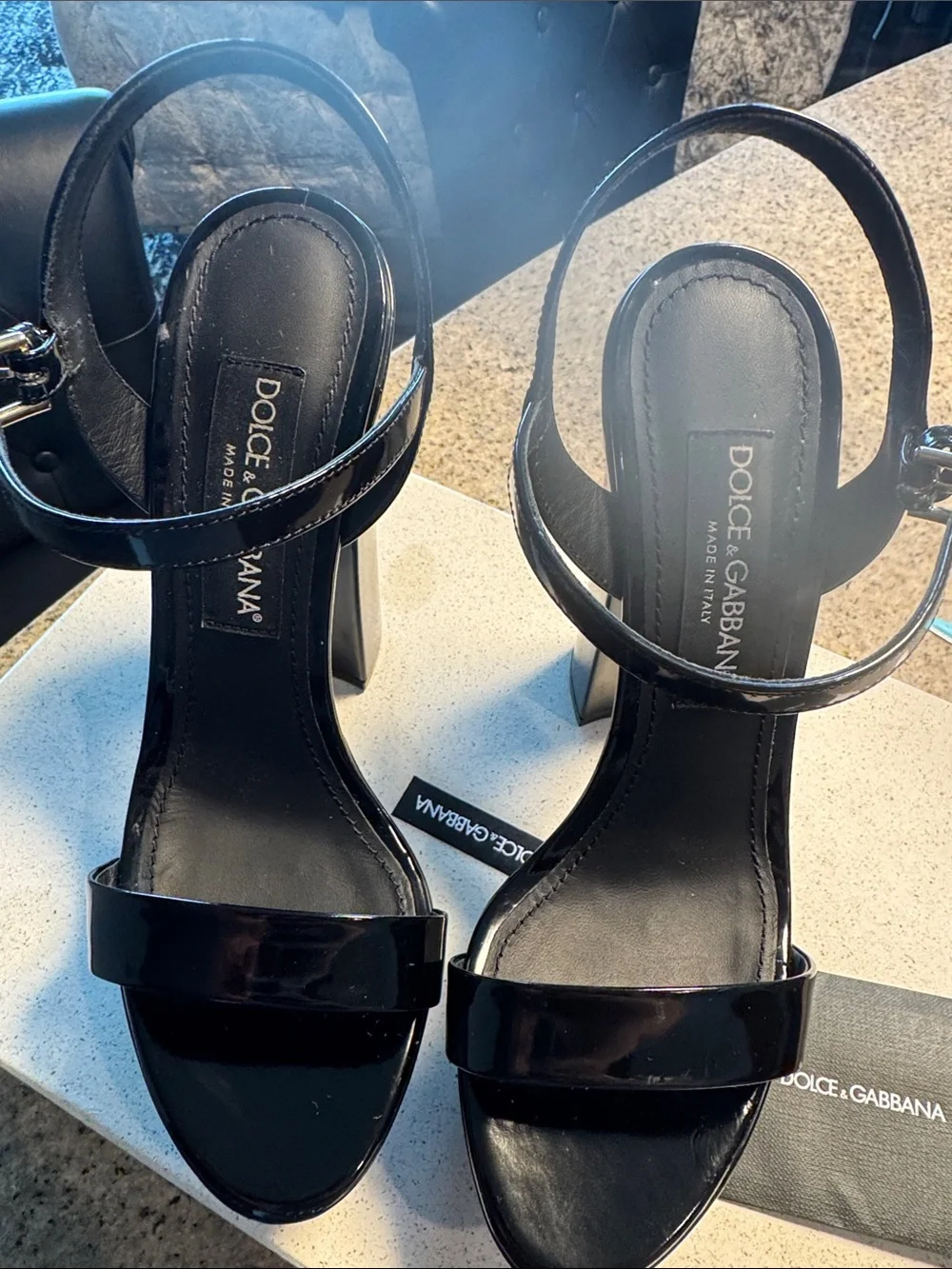 Dolce & Gabbana Black Patent Platform Block-Heel Sandals with Gold Logo